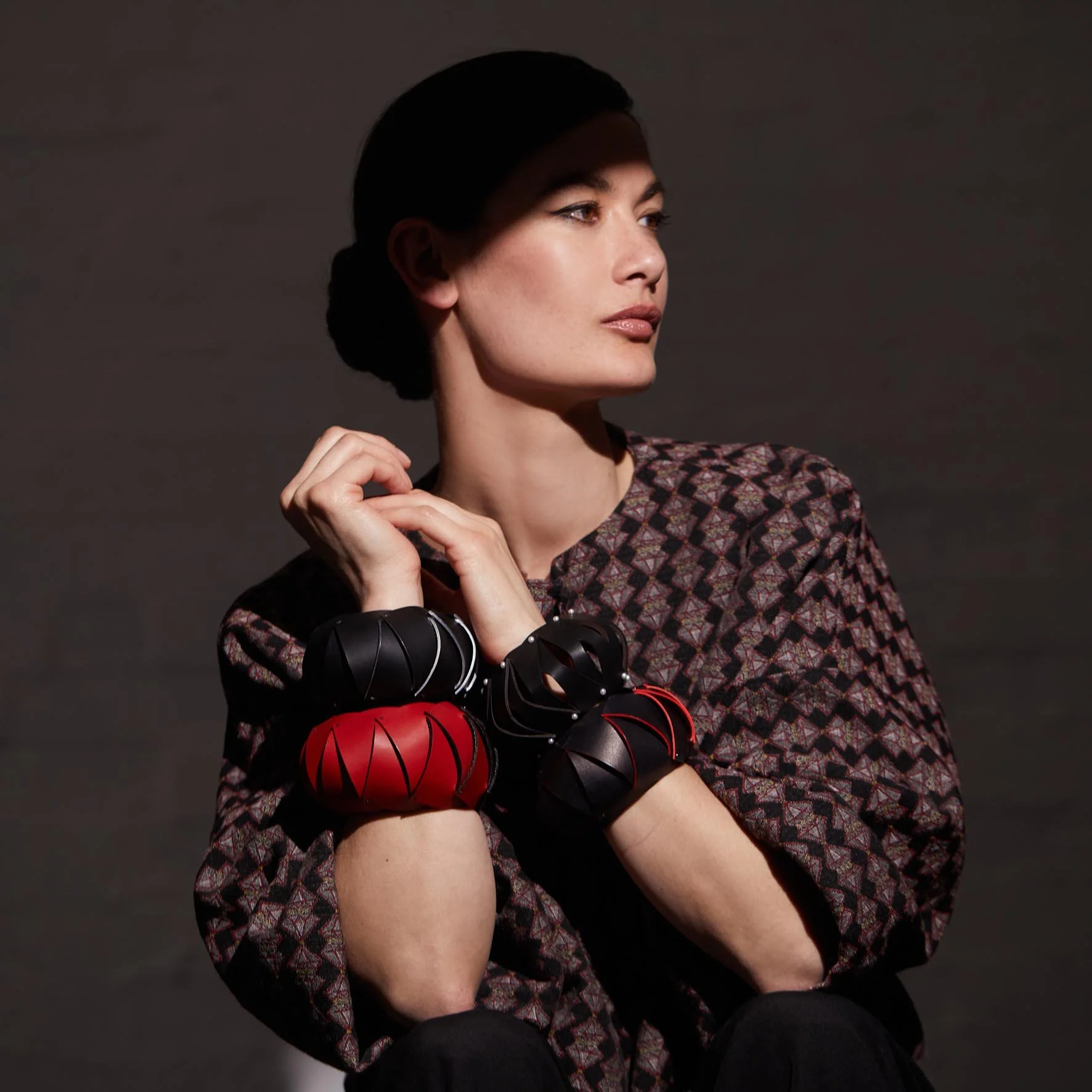 Sculptural and bold Italian black leather bracelet bangle